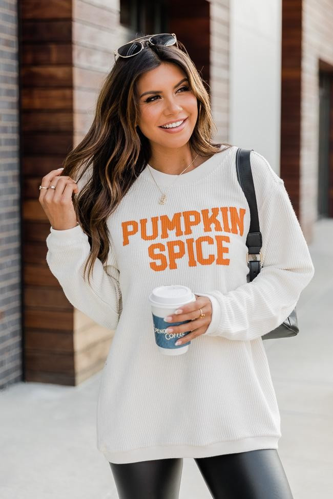Pumpkin Spice Graphic Pullover Corded Ivory Sweatshirt | Pink Lily