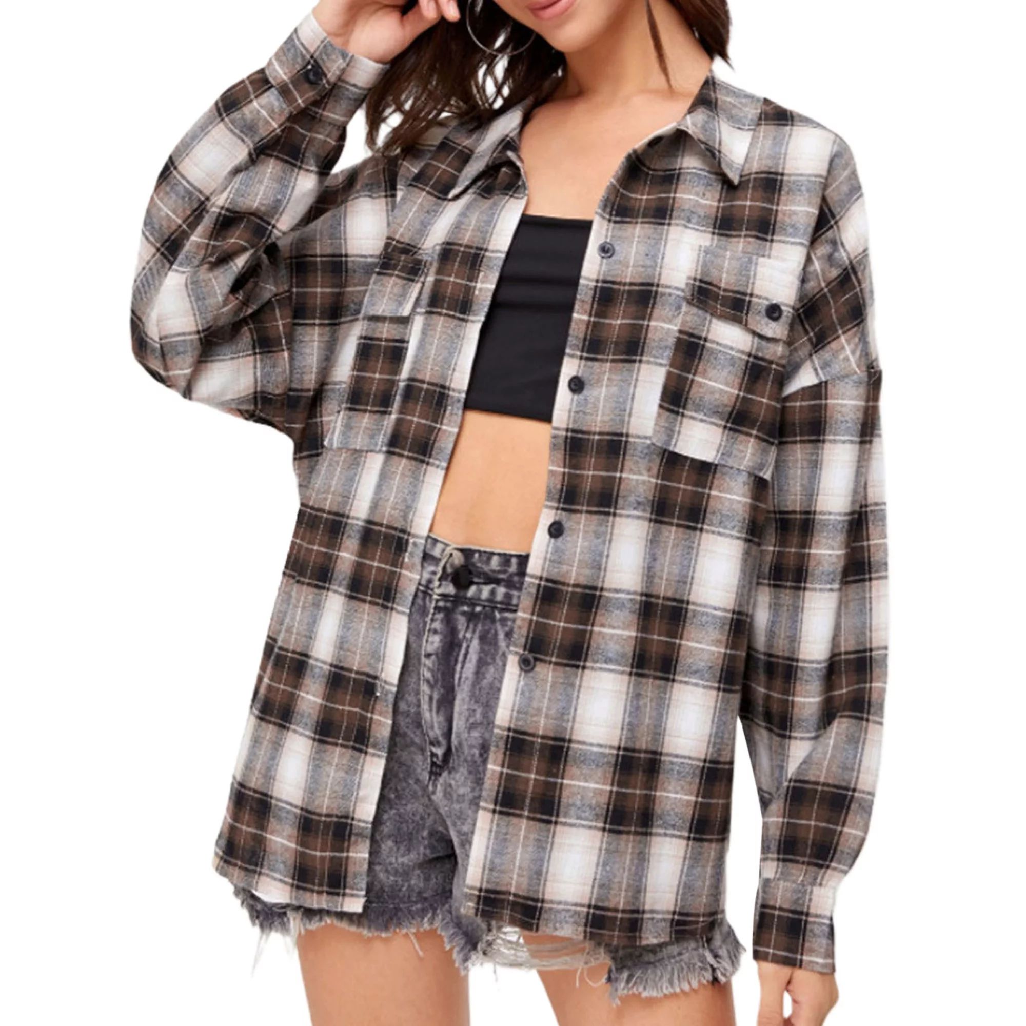 Musuos Women Plaid Shirt Flannel Oversized Checked Shirt Long Sleeve Blouse Tops | Walmart (US)
