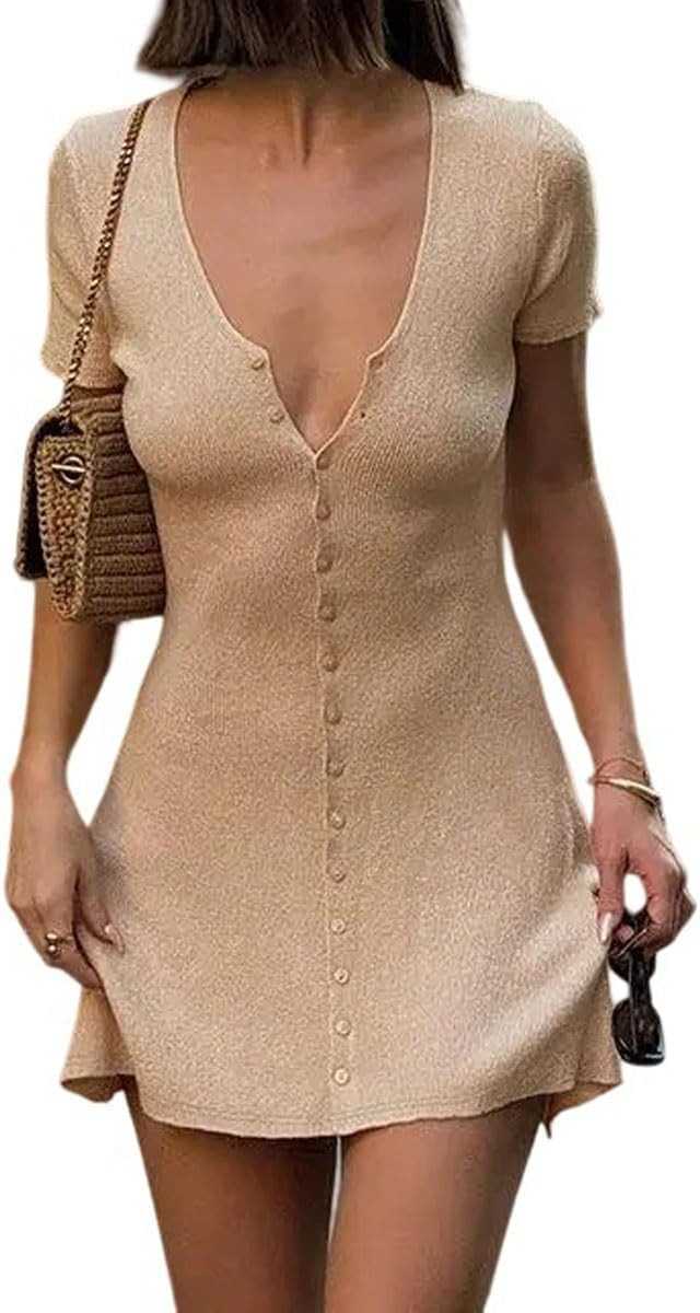 Women Sexy Deep V Neck Button Front Knit Mini Dress Elegant Short Sleeve Ribbed Flowy Hem A-Line ... | Amazon (US)