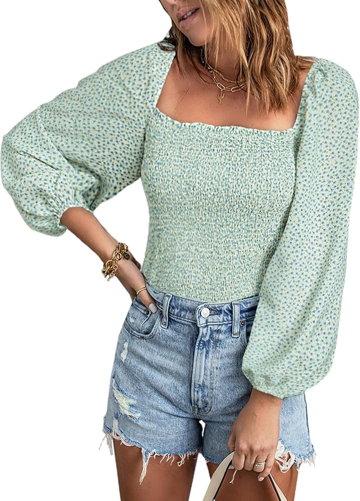 EVALESS Square Neck Tops Puff Long Sleeve Blouses for Women Dressy Casual Spring Fashion 2024 | Amazon (US)