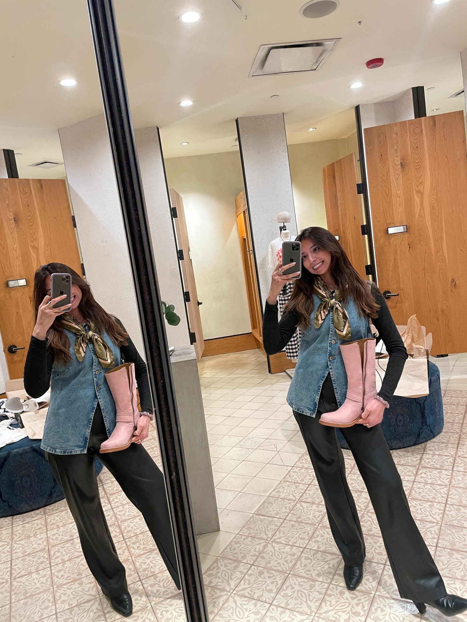 Pink FRYE boots. Wearing faux leather pants and a denim Free People vest with the cutest horse scarf. It’s all about accessories <3 linked similar styles 

#LTKWorkwear #LTKPetite #LTKdayinmylife