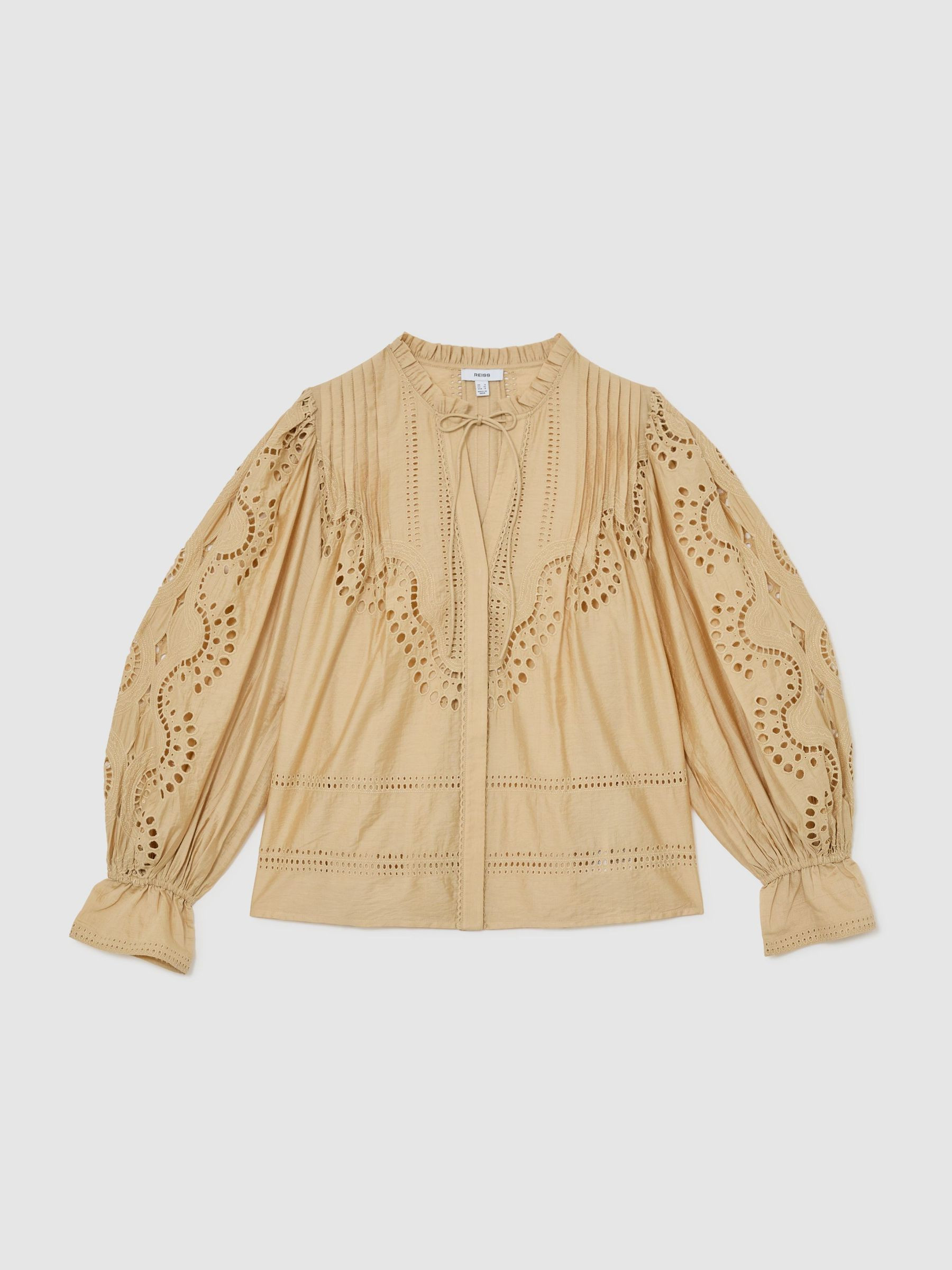 Reiss Broderie Anglaise Tie-Neck Blouse in Neutral - REISS | Reiss UK