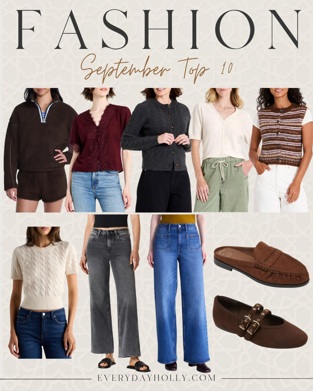 September’s Top 10 🤎 These were the fashion finds you loved most last month! From cozy fleece and sweaters to wide leg jeans, easy tops, and the loafers that keep showing up in your carts.
September best sellers, fall fashion, fall outfit ideas, cozy fall outfits, wide leg jeans, fall sweaters, fleece pullover, fall tops, loafers, petite fashion, EverydayHolly 

 