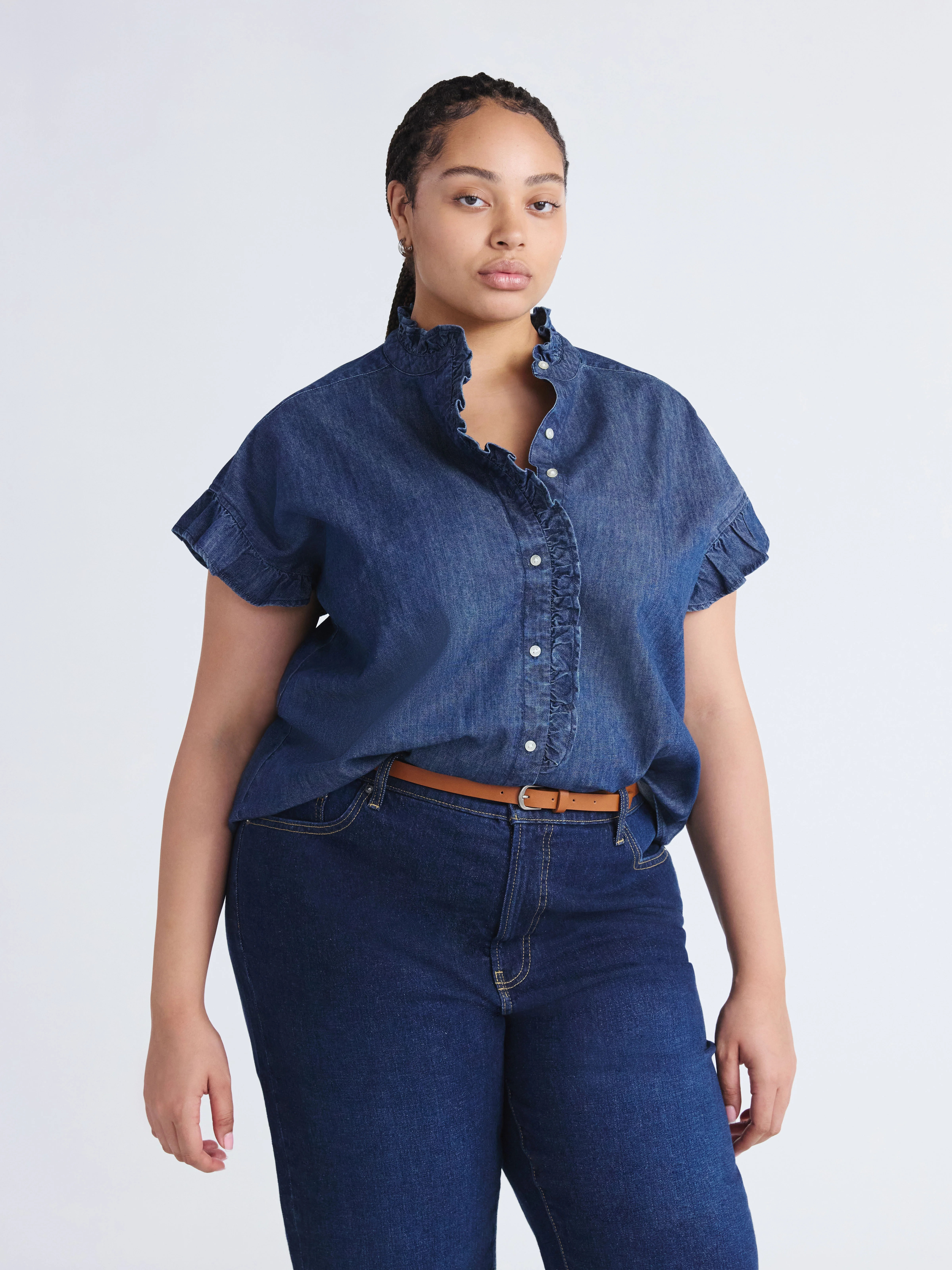 Free Assembly Women's and Women's Plus Ruffle Trim Neck Top with Short Sleeves, Sizes XS-4X | Walmart (US)