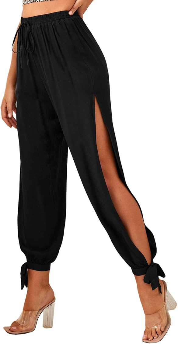 Floerns Women's Solid High Waist Split Knot Hem Long Pants | Amazon (US)