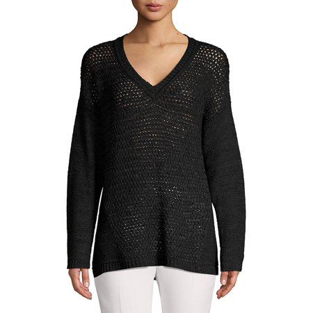 V-Neck Pointelle Panel Sweater | Walmart (US)