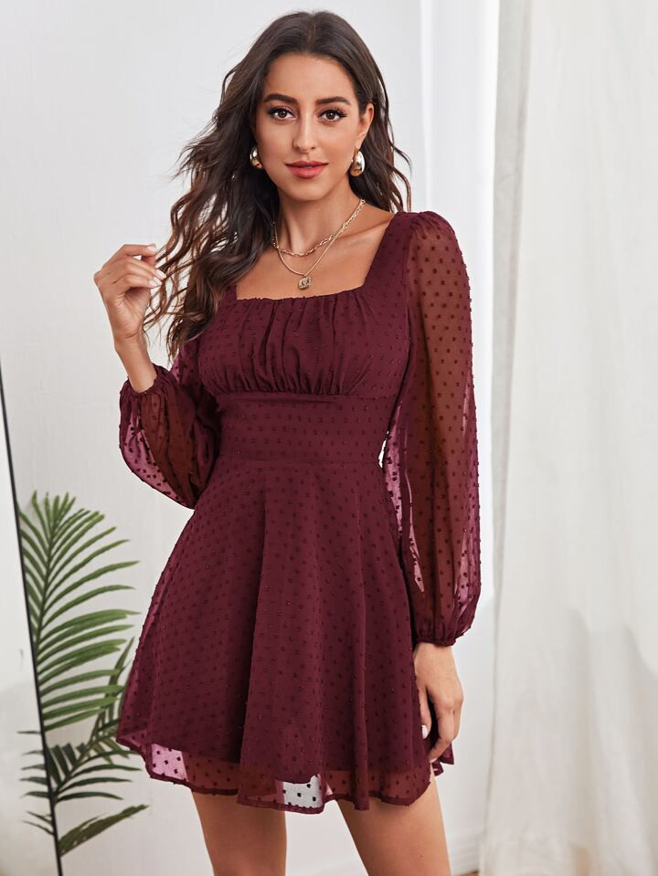 SHEIN Privé Ruched Bust Lantern Sleeve Swiss Dot Dress | SHEIN