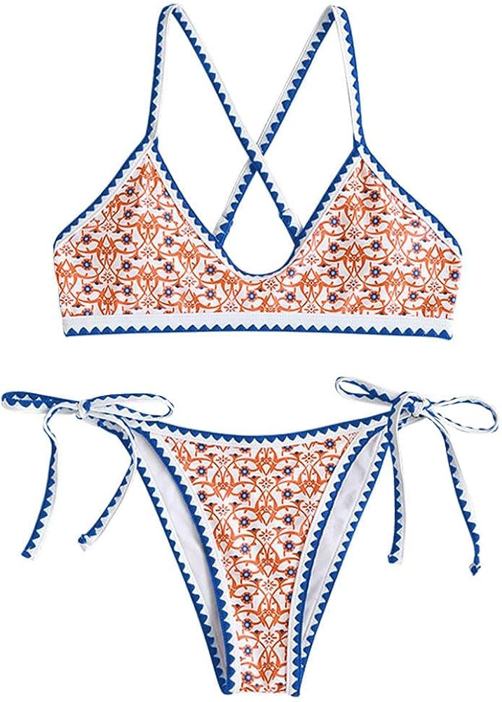 ZAFUL Women's Bohemian Swimsuit Strappy Tie Side Bikini Set Triangle Cheeky String Brazilian Swim... | Amazon (US)