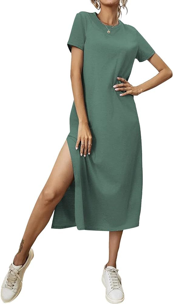 Milumia Women's Casual High Slit Midi Dress Short Sleeve Crewneck Solid Tee Dress | Amazon (US)
