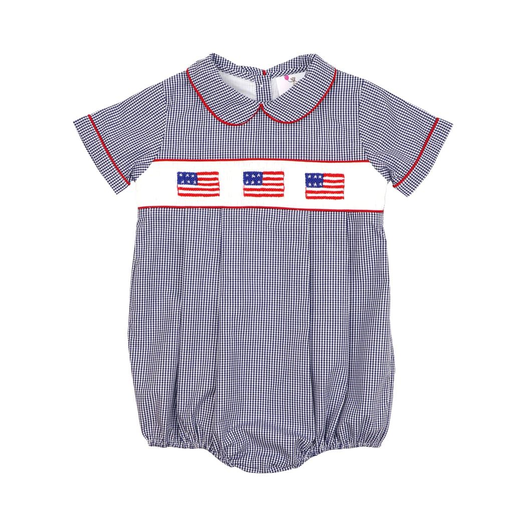 Navy Gingham Smocked Flag Bubble | Eliza James Kids