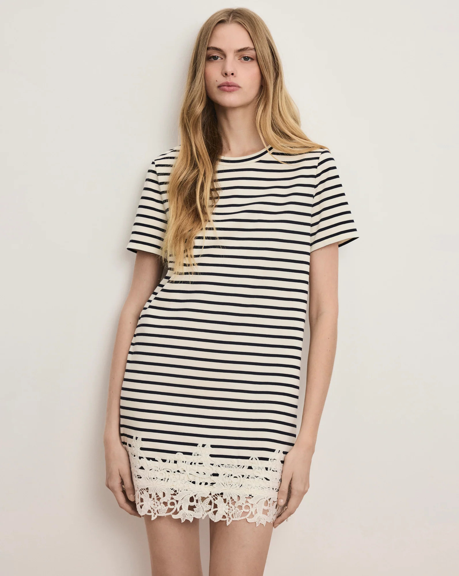 Veronica Beard Rhue Striped Lace-Hem Mini Dress Dove White Navy Stripe | Veronica Beard