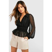 Womens Dobby Mesh Long Sleeve Blouse - Black - 12 | boohoo (US & Canada)