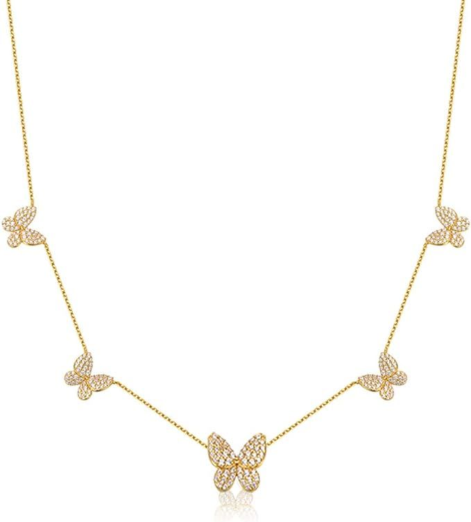 SUNXN Butterfly Necklace Dainty 18K Gold Cubic Zirconia Butterfly Choker Pendant Necklace for Wom... | Amazon (US)