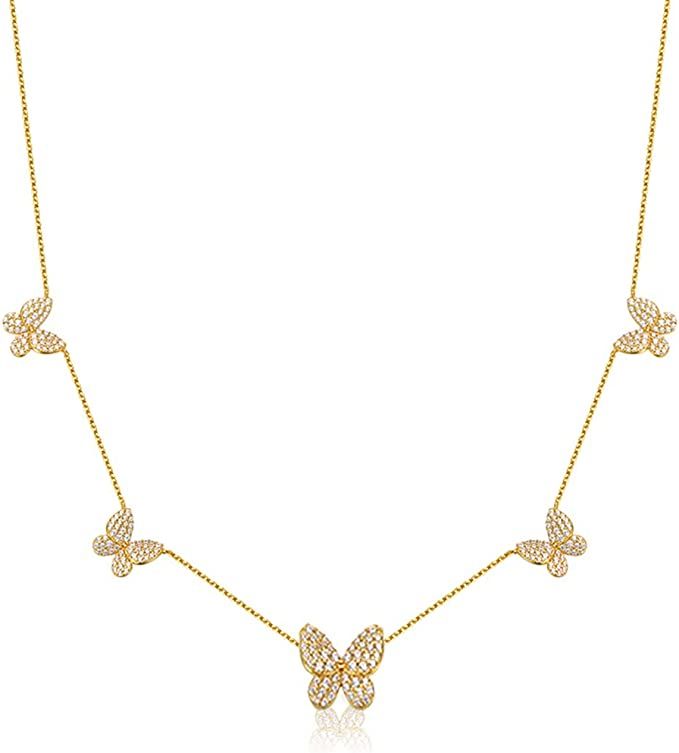 SUNXN Butterfly Necklace Dainty 18K Gold Cubic Zirconia Butterfly Choker Pendant Necklace for Wom... | Amazon (US)