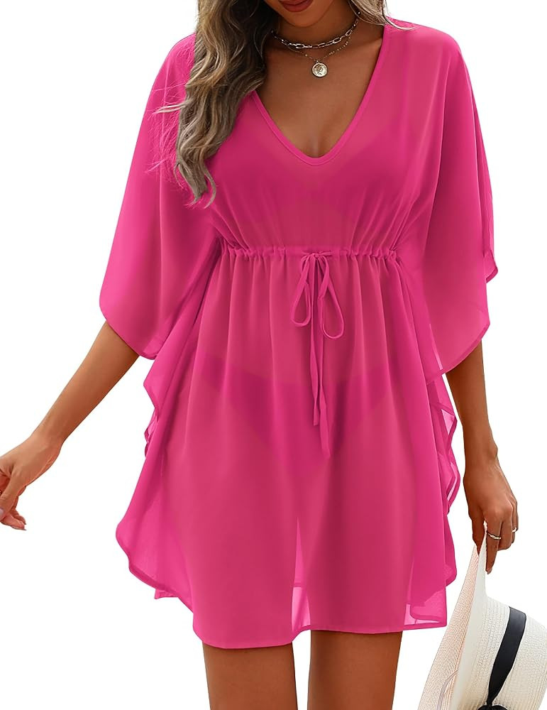 AI'MAGE Womens Beach Swimsuit Coverup Sexy Sheer Bathing Suit Cover Up Dress Swimwear Tie Waist C... | Amazon (US)