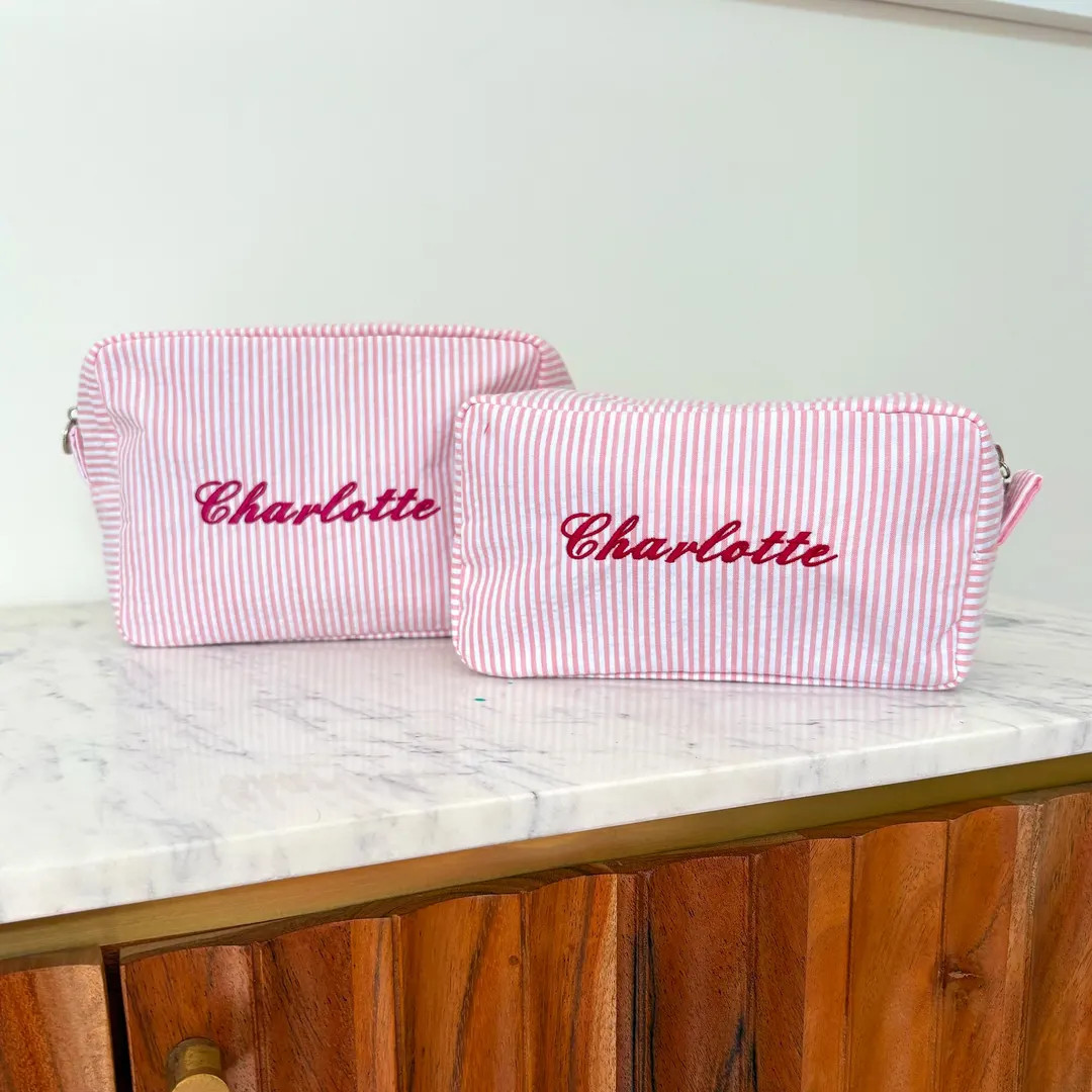 Pastel Striped Set Monogramed Makeup Bag, Personalized Toiletry Pouch, Embroidered Cosmetic Case,... | Etsy (US)