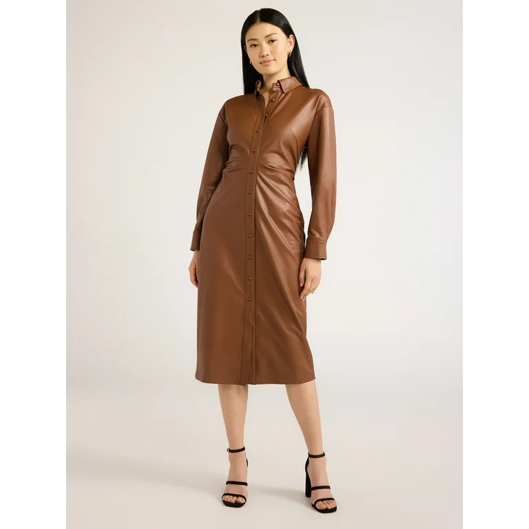 Scoop Women’s Faux Leather Maxi Shirtdress with Side Ruching, Sizes XS-XXL - Walmart.com | Walmart (US)