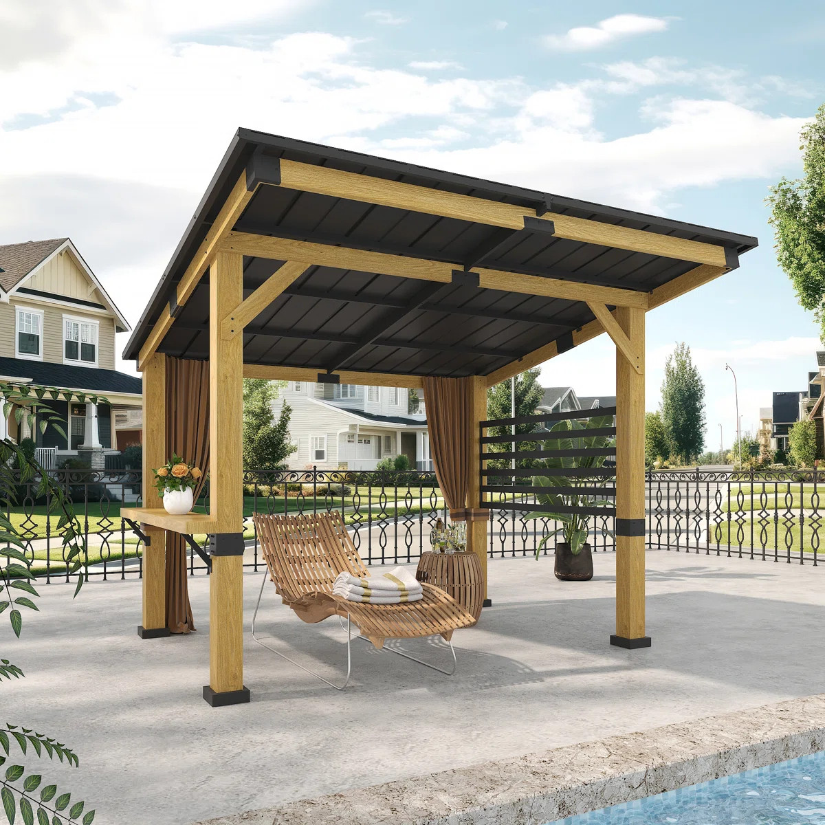 11 Ft. x 10 Ft. Solid Wood Patio Gazebo with Privacy Curtains and Ceiling Hook | Wayfair North America