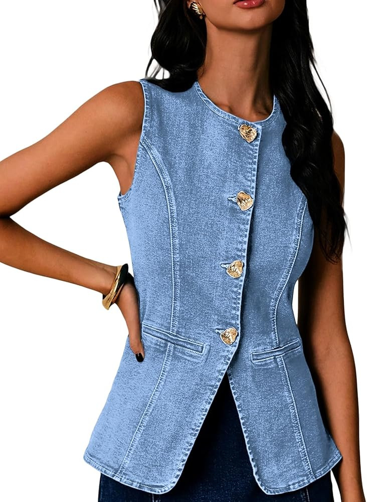 2026 Summer Women's Denim Vest Blazer Tops - Jean Crew Neck Button Down Full-Lined Casual Western... | Amazon (US)