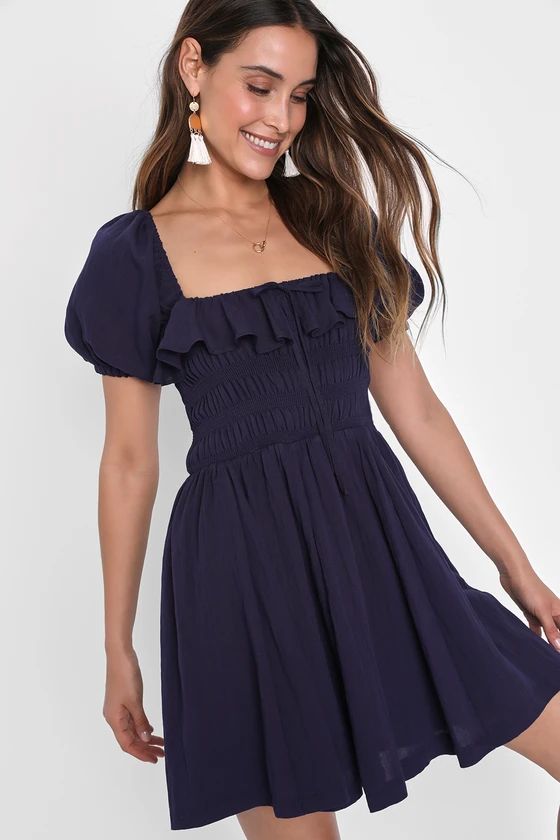 Daytime Delight Navy Blue Smocked Puff Sleeve Mini Dress | Lulus (US)