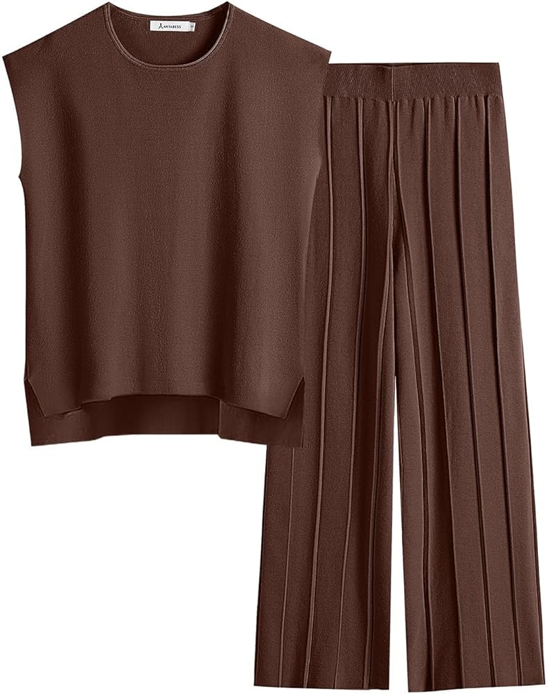 ANRABESS Women 2 Piece Outfits Casual Summer Sleeveless Tops Knit Pants Sweater Lounge Matching S... | Amazon (US)