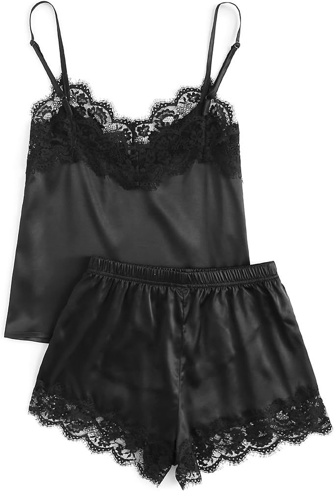 MakeMeChic Women's Lace Satin Sleepwear Cami Top and Shorts Pajama Set | Amazon (US)