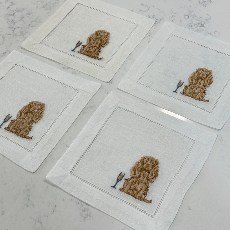 Embroidered Cocker Spaniel Dog Cocktail Linen Napkins, Embroider Puppy Linen Napkin, Dog With Cha... | Etsy (US)