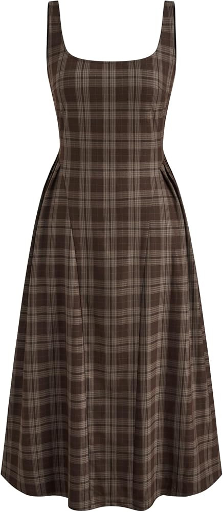 CIDER Plaid Women Maxi Dress Square Neck Sleeveless Pleated Mid Waist Casual Party Dress | Amazon (US)