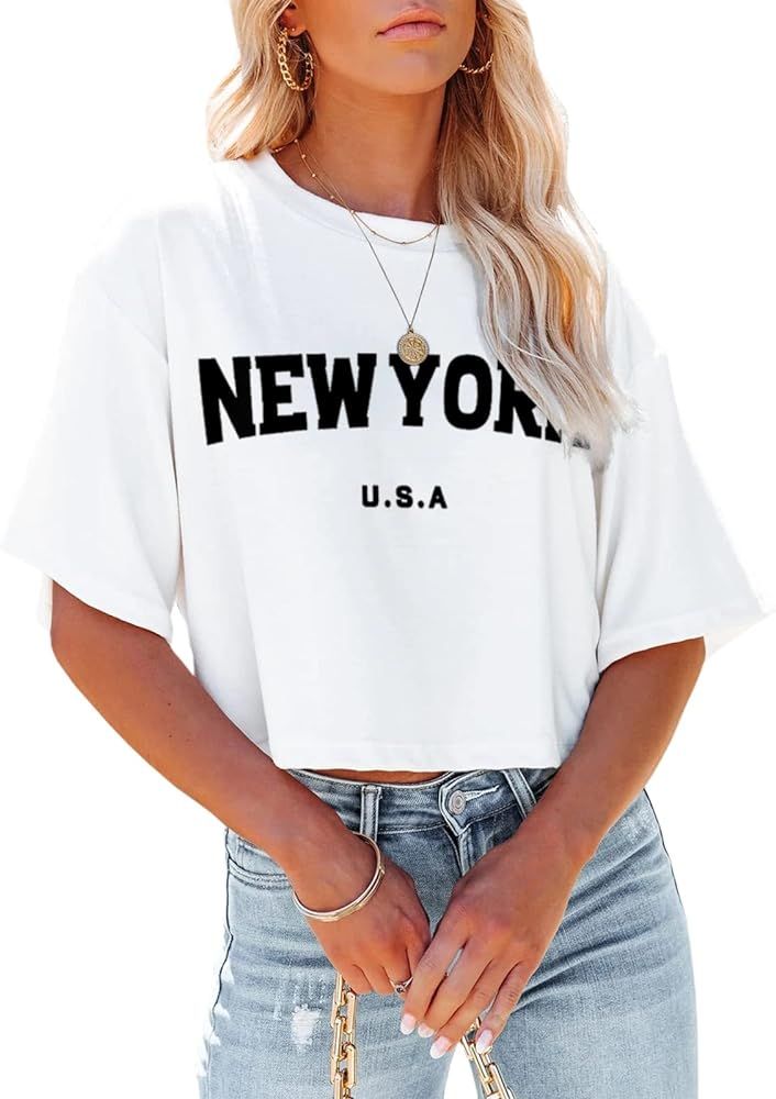 Tankaneo Womens Los Angeles California Letter Print Half Sleeve Cropped T Shirt Drop Shoulder O N... | Amazon (US)
