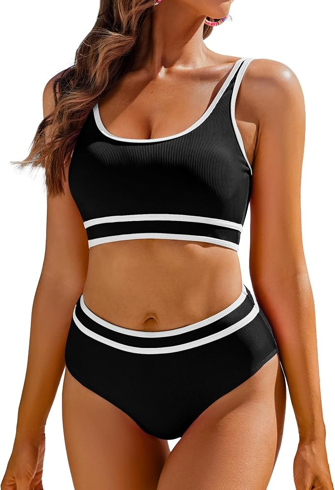 AI'MAGE Swimsuit Set for Women 2 Piece Ribbed High Waisted Bikini Set Sporty Color Block Bathing ... | Amazon (US)