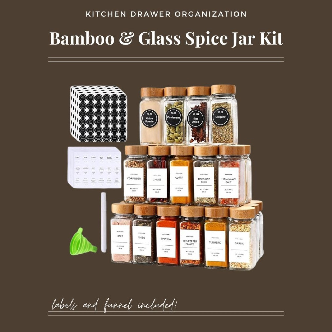 Matching spice jar set. Spice rack kit, spice jar labels, small kitchen organization 