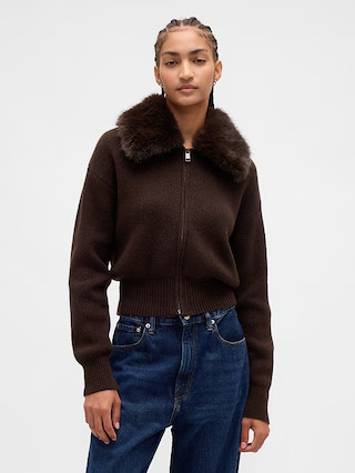 CashSoft Faux-Fur Collar Zip Cardigan Sweater | Gap (US)