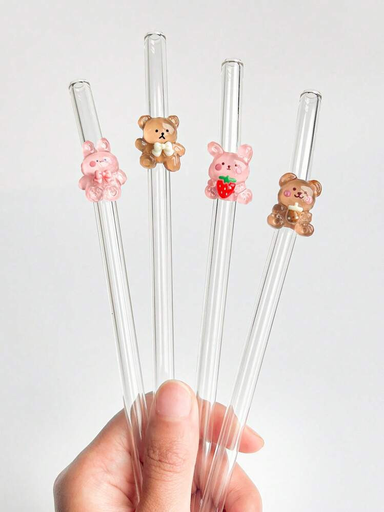 1Pc/2Pcs/5Pcs/1Set/2Set Cartoon Reusable Glass Drinking Straw With Rabbit/Bear Charm, For Water Cup, Cute Transparent Bent Glass Straws, For Smoothies, Milk Tea, Juice, Cocktails, Cold Drinks, Party Supplies, Colorful Cute Cartoon Design Shaped Bent Glass Straw Reusable School Supplies,For Graduation Season,Father's Day Gift. | SHEIN