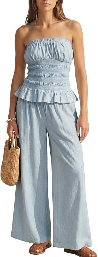 MAKABO Womens Linen Two Piece Summer Vacation Set Strapless Wide Leg Pants Set with Pockets Beach... | Amazon (US)
