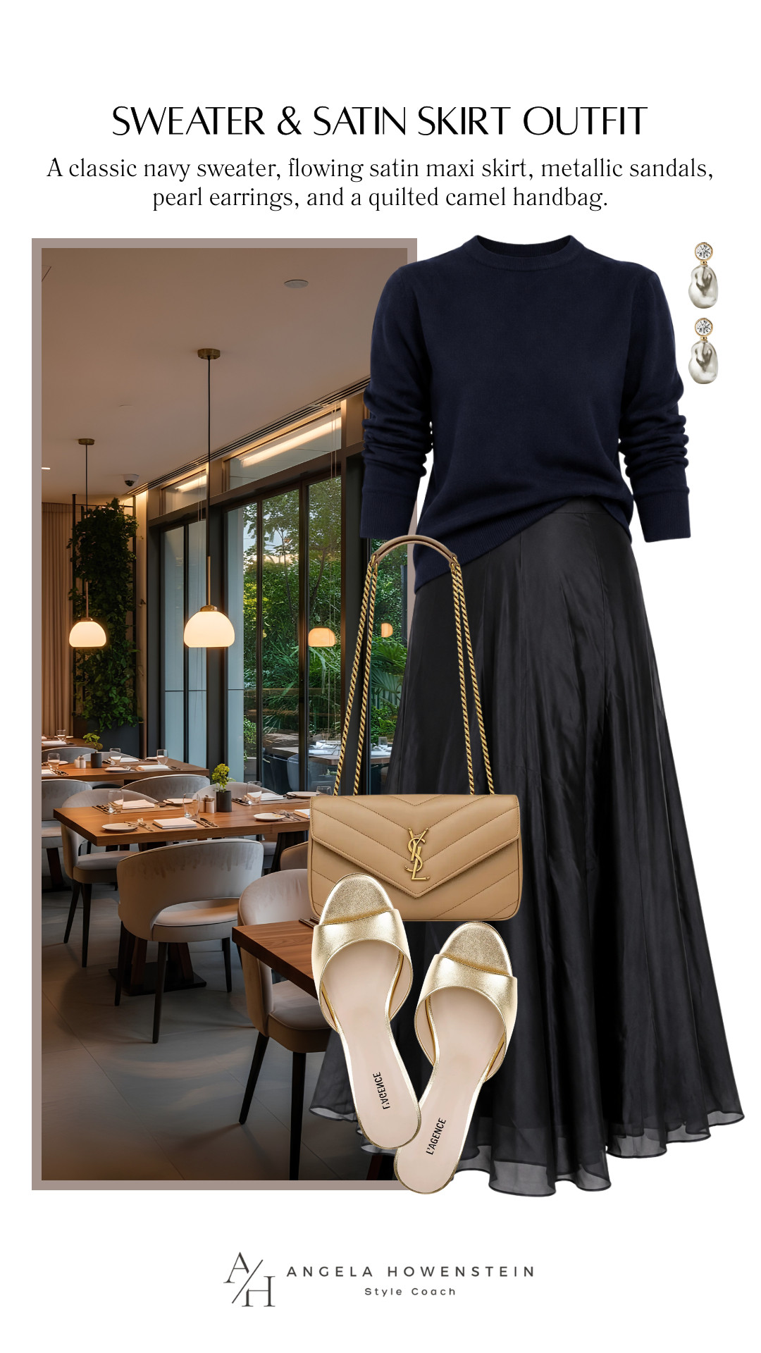 A satin maxi skirt instantly elevates even the simplest sweater. Paired with a classic navy knit, metallic slides, pearl earrings, and a camel quilted bag, this outfit feels polished without trying too hard. It's the perfect balance of comfort and sophistication, ideal for work, dinner, travel, or anytime you want an effortlessly elegant look.

👩‍💻 LTK PRO TIPS
❤️ Heart = Support my posts ;-)
🔖 Save = Keep this look for your next outfit idea.
📋 Lists = Organize your favorite timeless pieces.
📲 Share = Send this to someone building a classic wardrobe.
💬 Comment = Would you style this with gold sandals or pumps? 

 #LTKootd #LTKSeasonal #LTKOver40