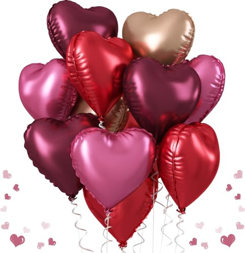 Wine Red Heart Balloons, 18 Inch 12 Pcs Burgundy Red and Pink Foil Heart Balloons Red and Rose Gold Heart Shape Mylar Balloons Party Decoration for Birthday Wedding Valentines Anniversary | Amazon (US)