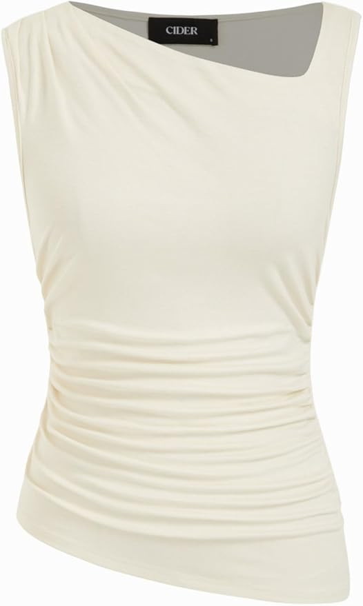 CIDER Women's Off The Shoulder Tank Tops Sleeveless Shirts Asymmetrical Neck Ruched Going Out Y2K... | Amazon (US)