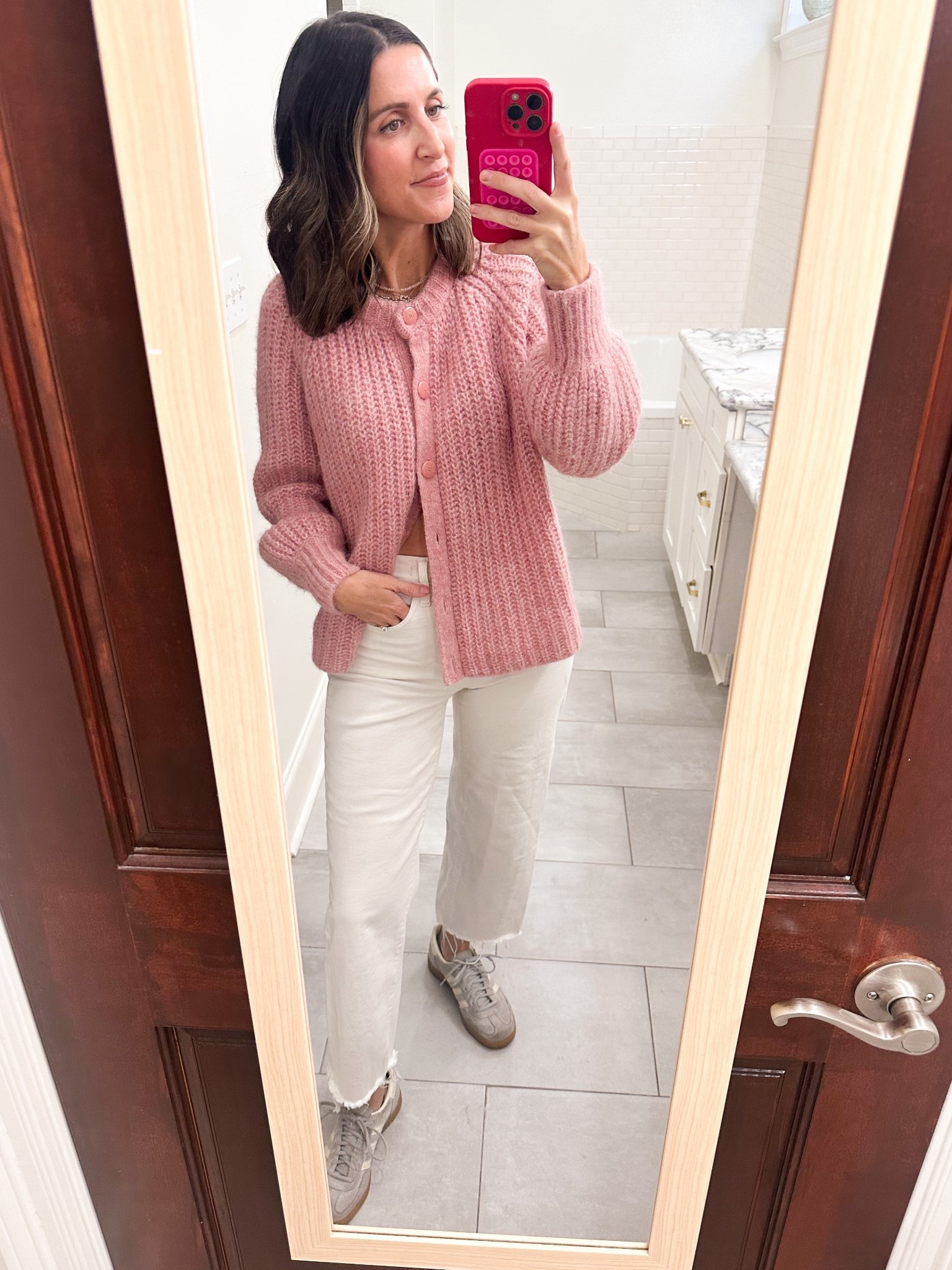 Wearing XS in Sezane cardigan. 
Madewell denim - always size down one size. 
Adidas handball Spezial run TTS  

#LTKShoeCrush #LTKFindsUnder100 #LTKOver40