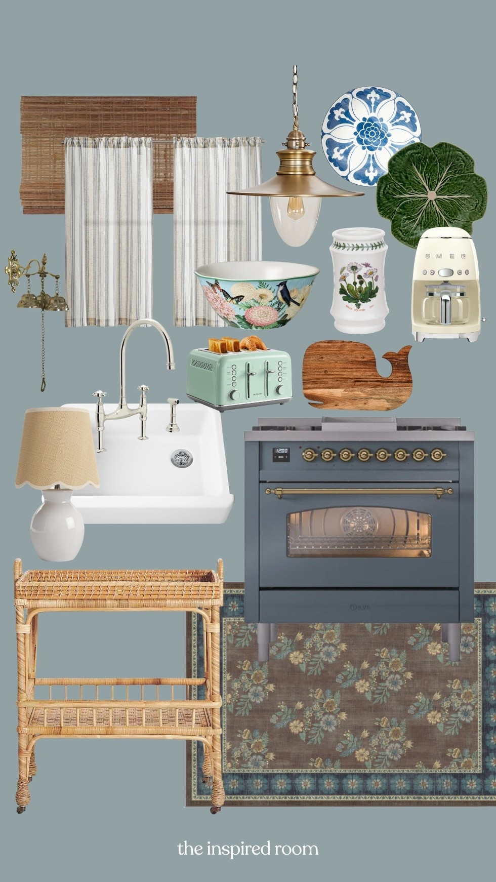 Coastal cottage kitchen sources - Ilve range, rattan cart, cafe curtains, wood whale board, washable rug, bamboo shades, cabbage plate, blue and white plate, brass bells, brass pendant light, drip coffee maker, sink and faucet, lamp with scalloped shade, botanical utensil holder  

#LTKSaleAlert #LTKHome #LTKSeasonal