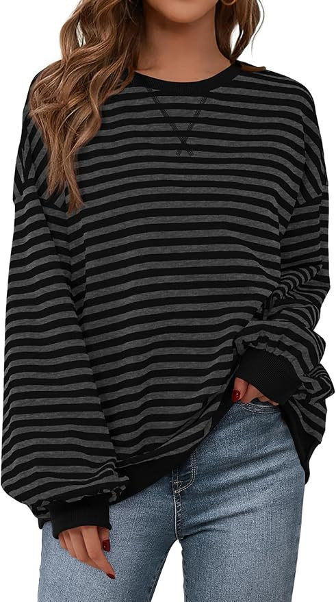 PRETTYGARDEN Womens Striped Oversized Sweatshirt Color Block Crew Neck Long Sleeve Casual Loose P... | Amazon (US)