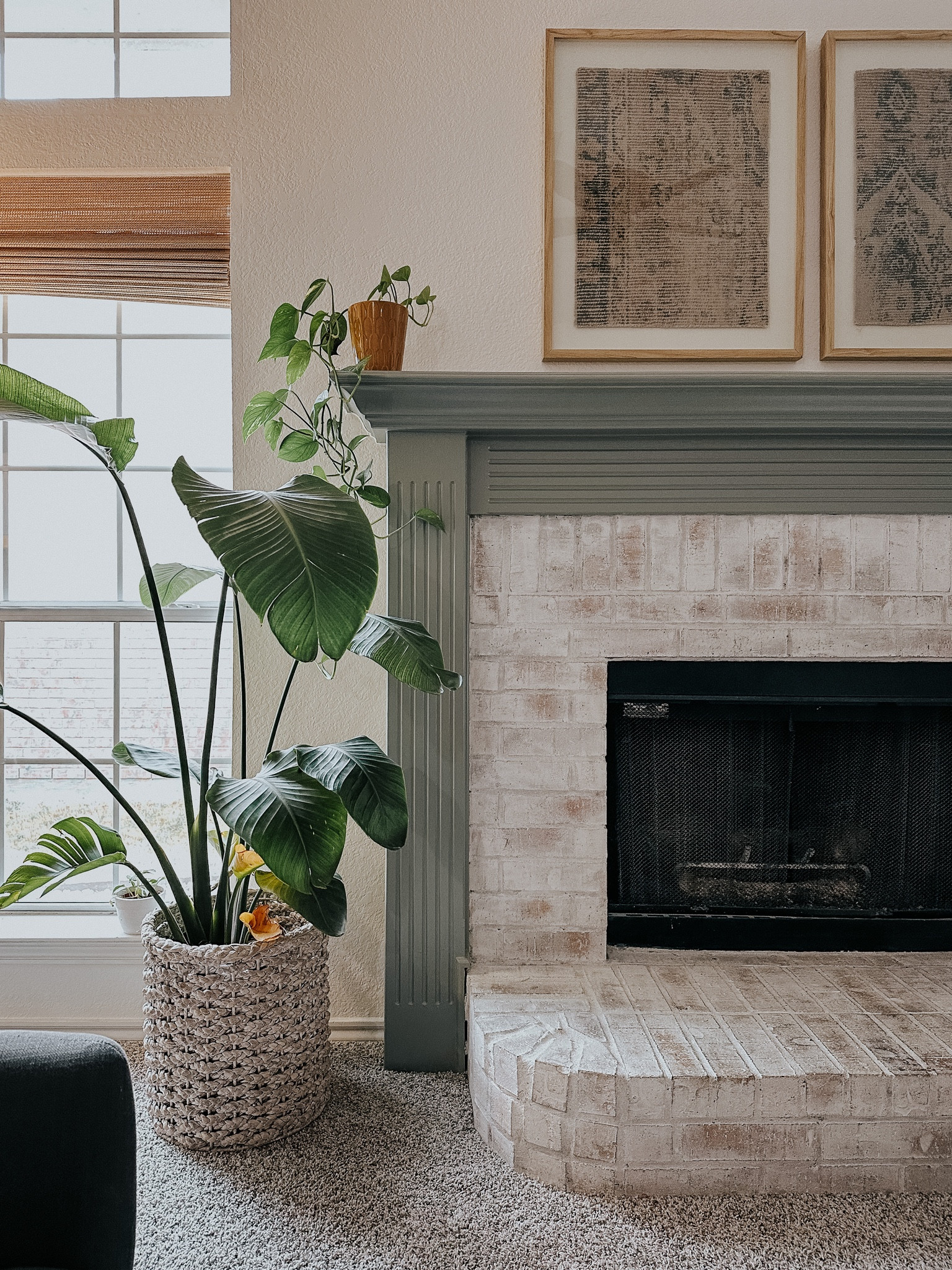 Our TX house with a green fireplace and lime washed brick. No regrets painting it green. 🥹 paint color is evergreen fog by Sherwin Williams! 



#LTKhome