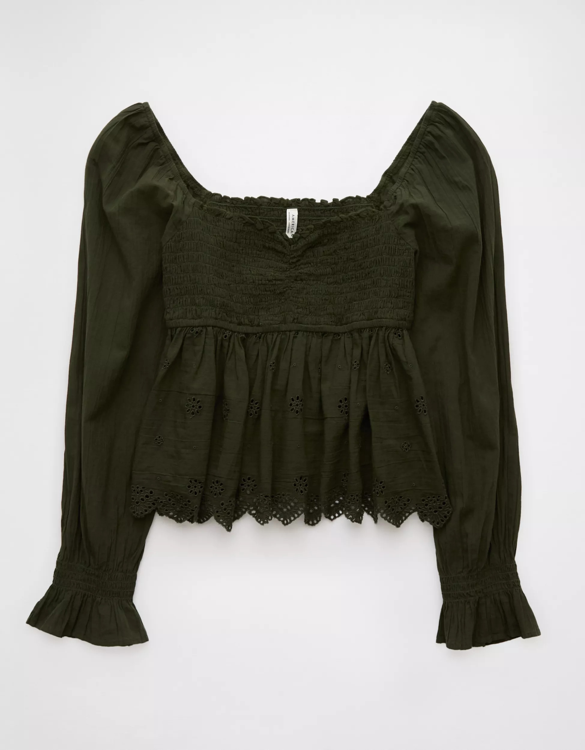 AE Long-Sleeve Smocked Babydoll Blouse | American Eagle Outfitters (US & CA)