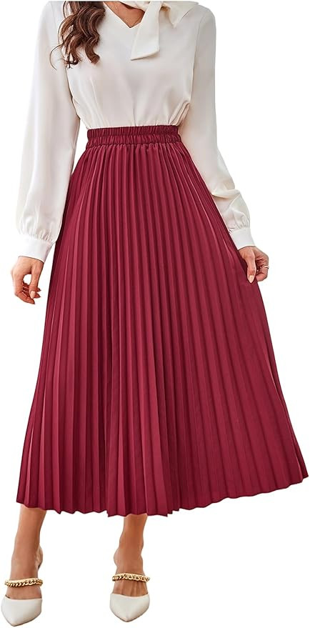 SweatyRocks Women's Casual Solid Longline Pleated Long Skirt | Amazon (US)