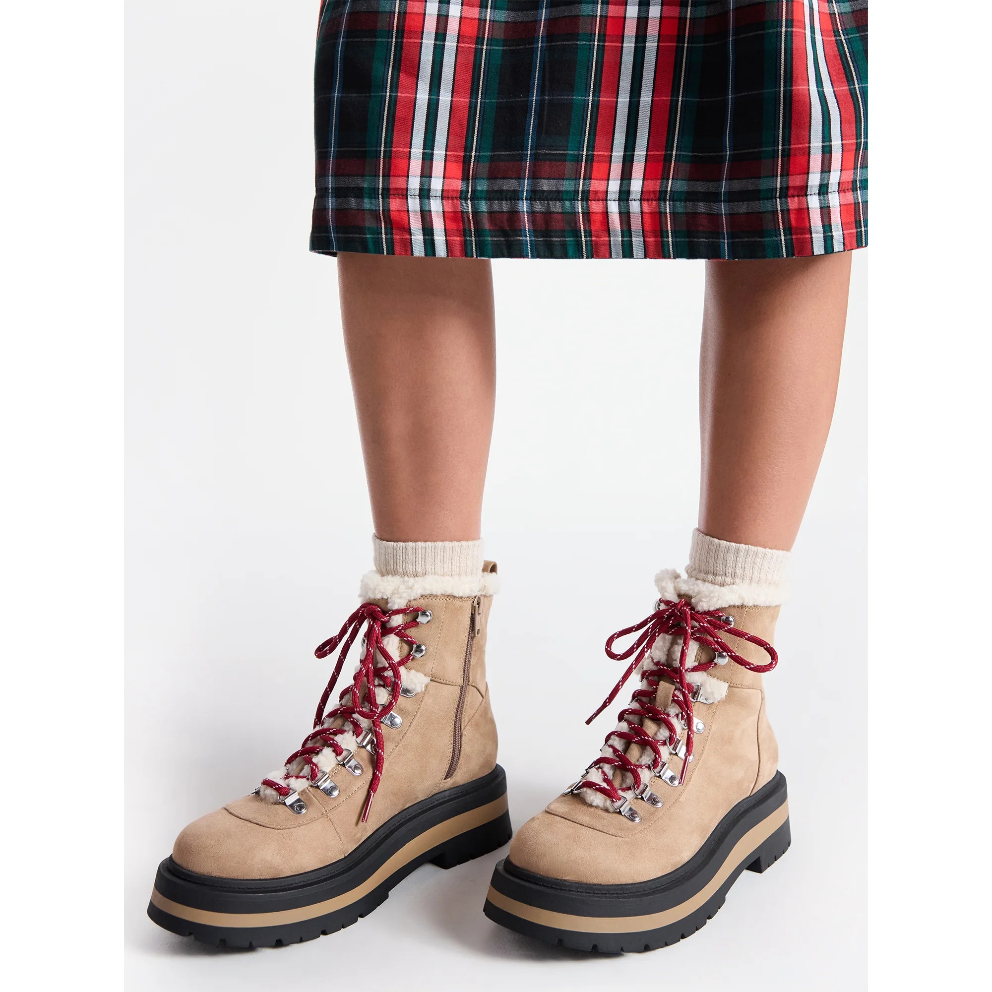 Free Assembly Women's Lace-Up Faux Shearling Booties | Walmart (US)