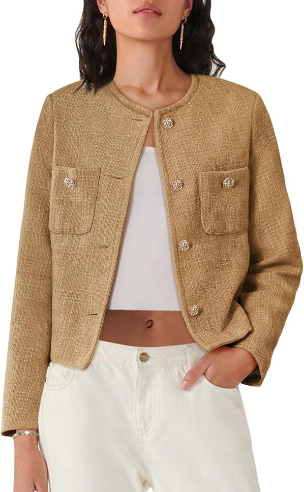 Women's Tweed Jackets Long Sleeve Business Button Down Casual Cropped Blazer with Pockets | Amazon (US)