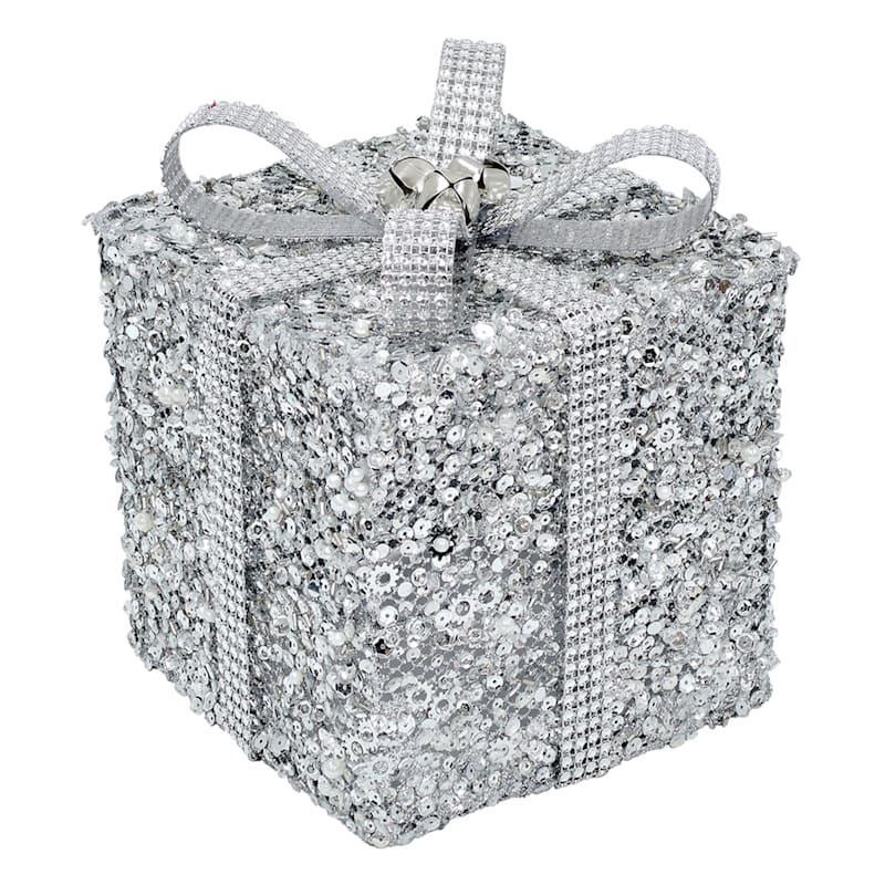 Silver Sequin Gift Box Decor, 8" | At Home