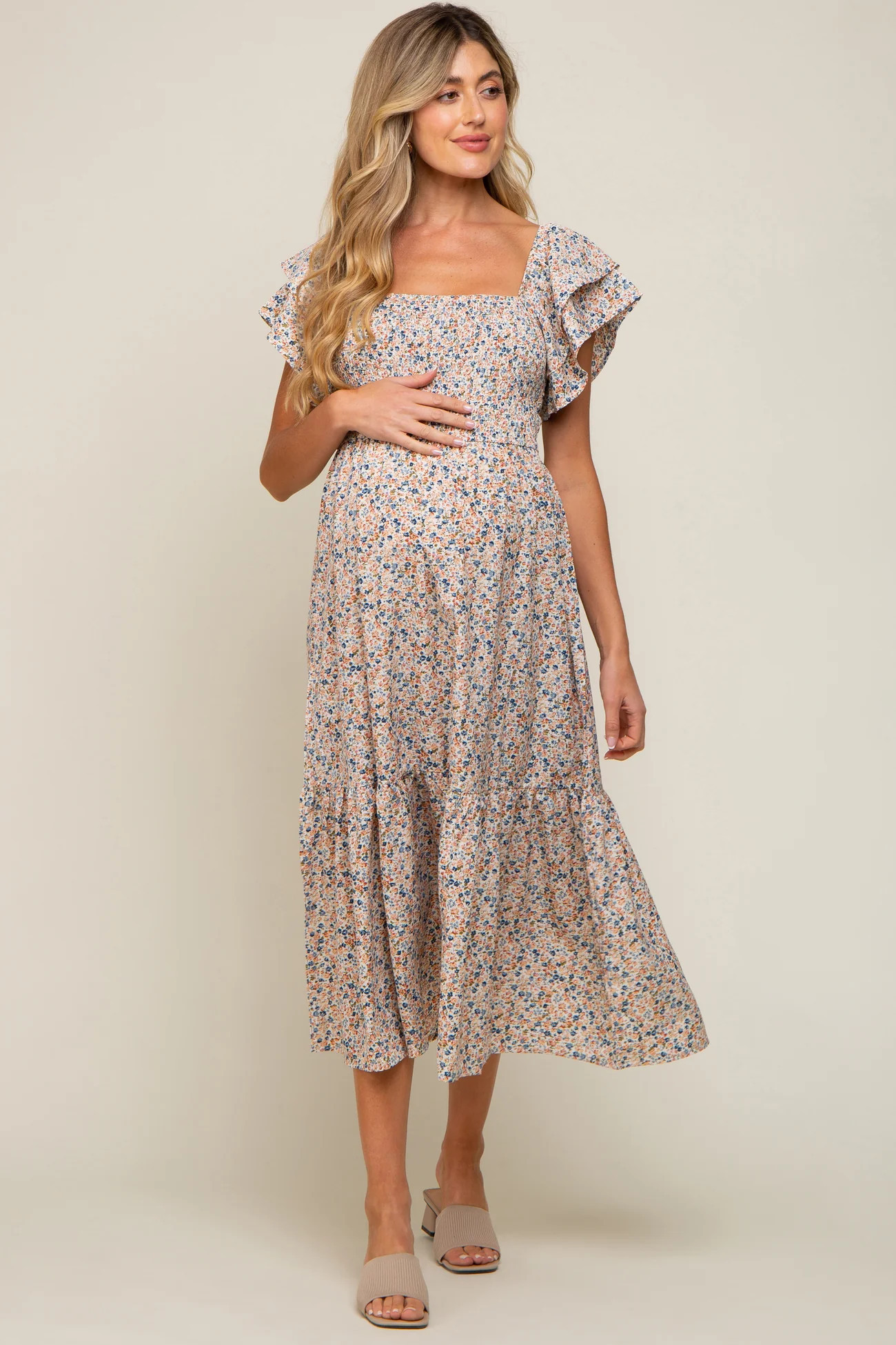 Light Blue Floral Flutter Maternity Midi Dress | PinkBlush Maternity