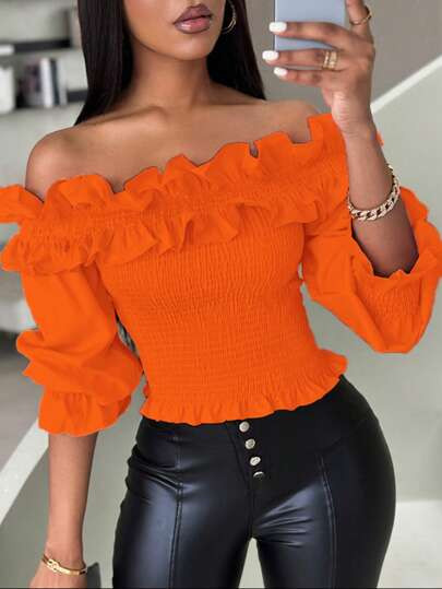 Xyvia Solid Color Ruffle Decor Open Shoulder Cropped Women Top | SHEIN