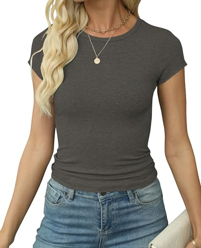 Artfish Women's Short Sleeve Shirts Crewneck Cropped Workout Slim Fitted Ribbed Casual Basic T-Shirts (Charcoal Grey, M) | Amazon (US)
