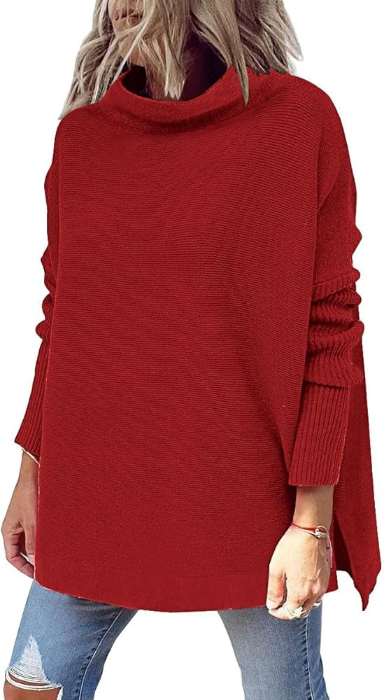 LILLUSORY Women's Mock Turtleneck Sweater Oversized Long Sleeve Split Hem Casual Knit Pullover Tu... | Amazon (US)